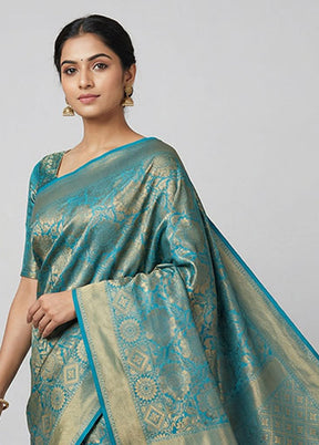 Blue Dupion Silk Saree With Blouse Piece