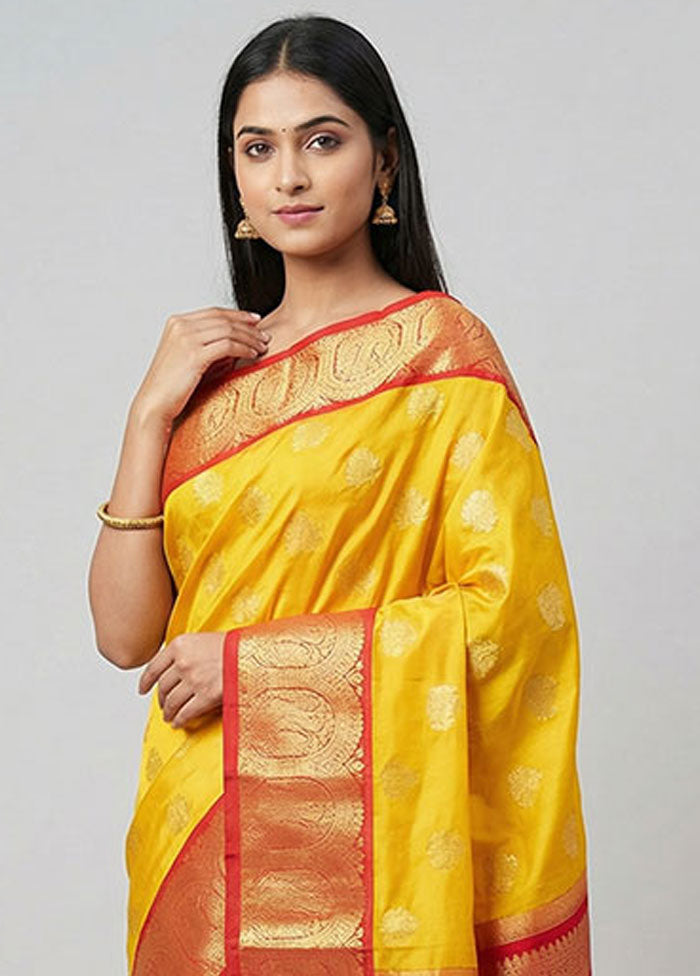 Yellow Handloom Kanchipuram Pure Silk Saree With Blouse Piece