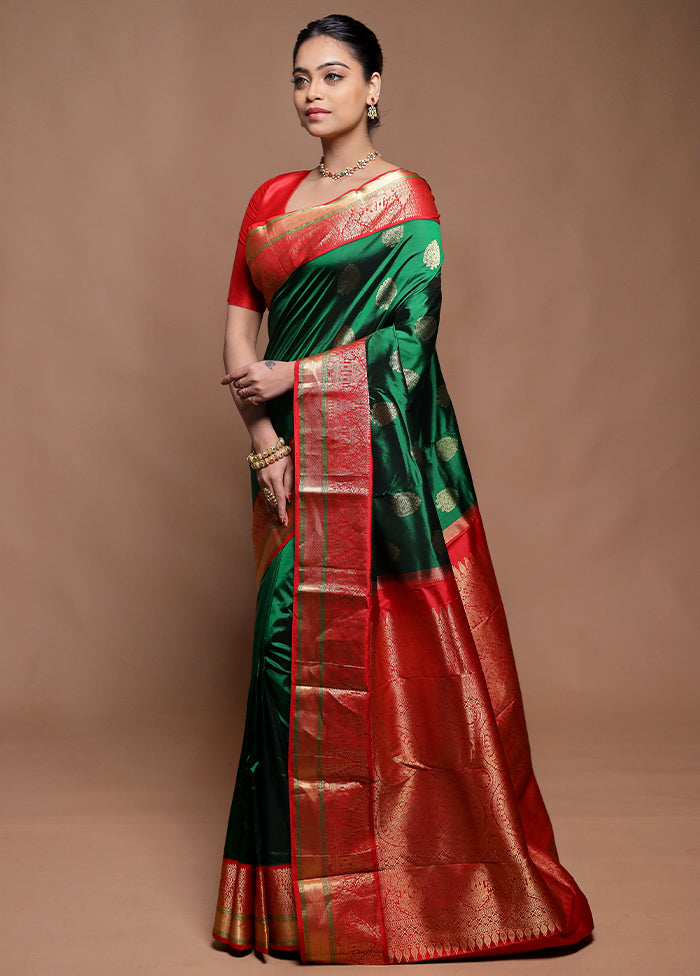 Green Handloom Kanchipuram Pure Silk Saree With Blouse Piece