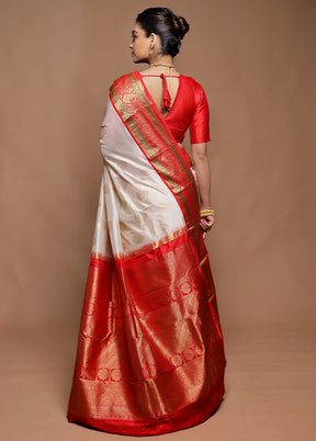 Cream Handloom Kanchipuram Pure Silk Saree With Blouse Piece