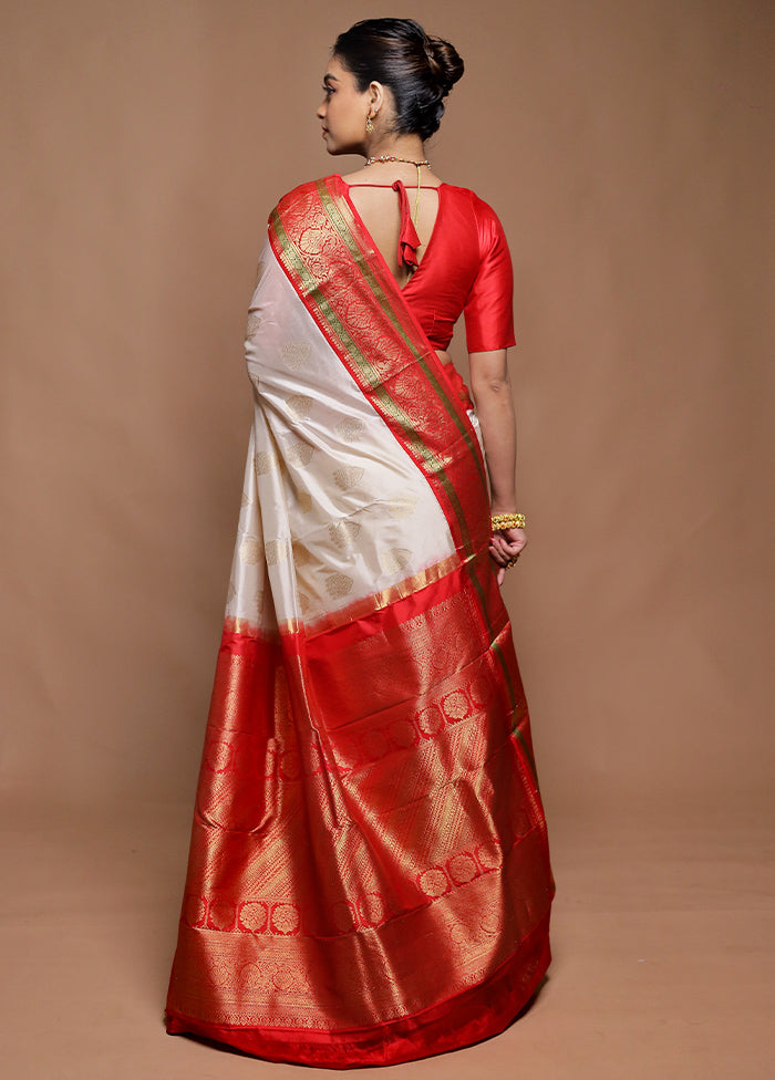 Cream Handloom Kanchipuram Pure Silk Saree With Blouse Piece