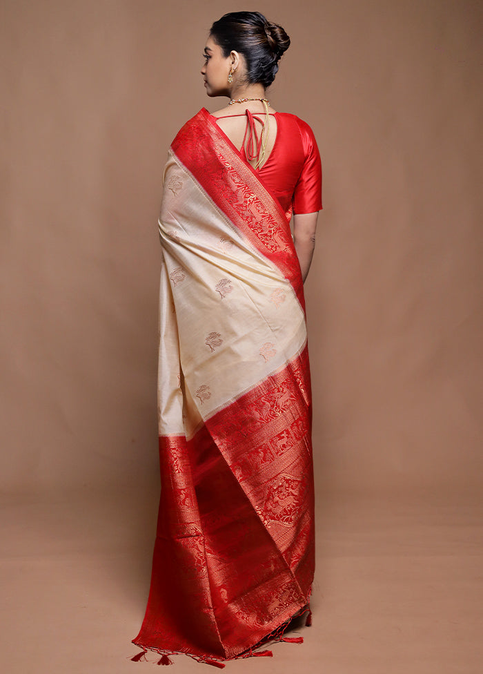 Cream Dupion Silk Saree With Blouse Piece