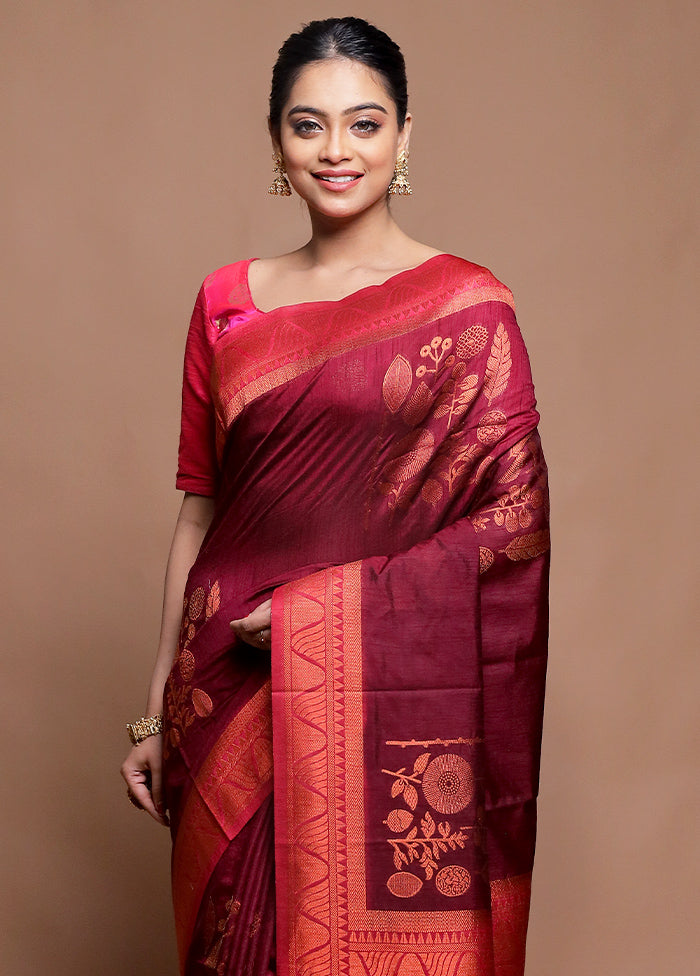 Maroon Dupion Silk Saree With Blouse Piece