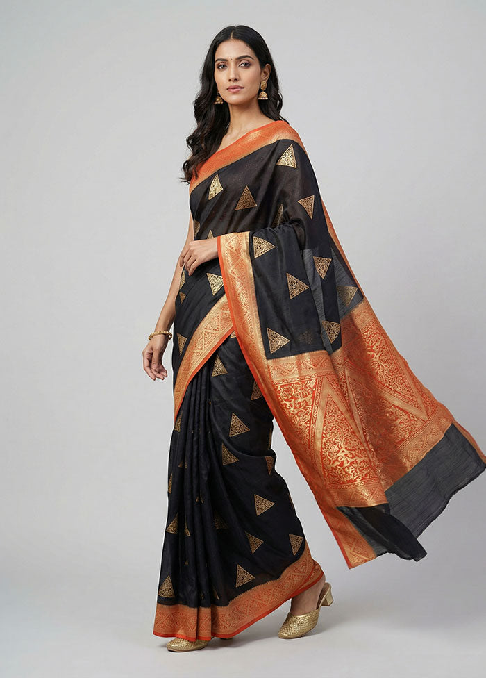 Black Dupion Silk Saree With Blouse Piece