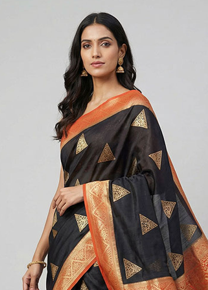 Black Dupion Silk Saree With Blouse Piece