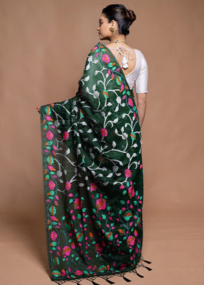Green Dupion Silk Saree With Blouse Piece