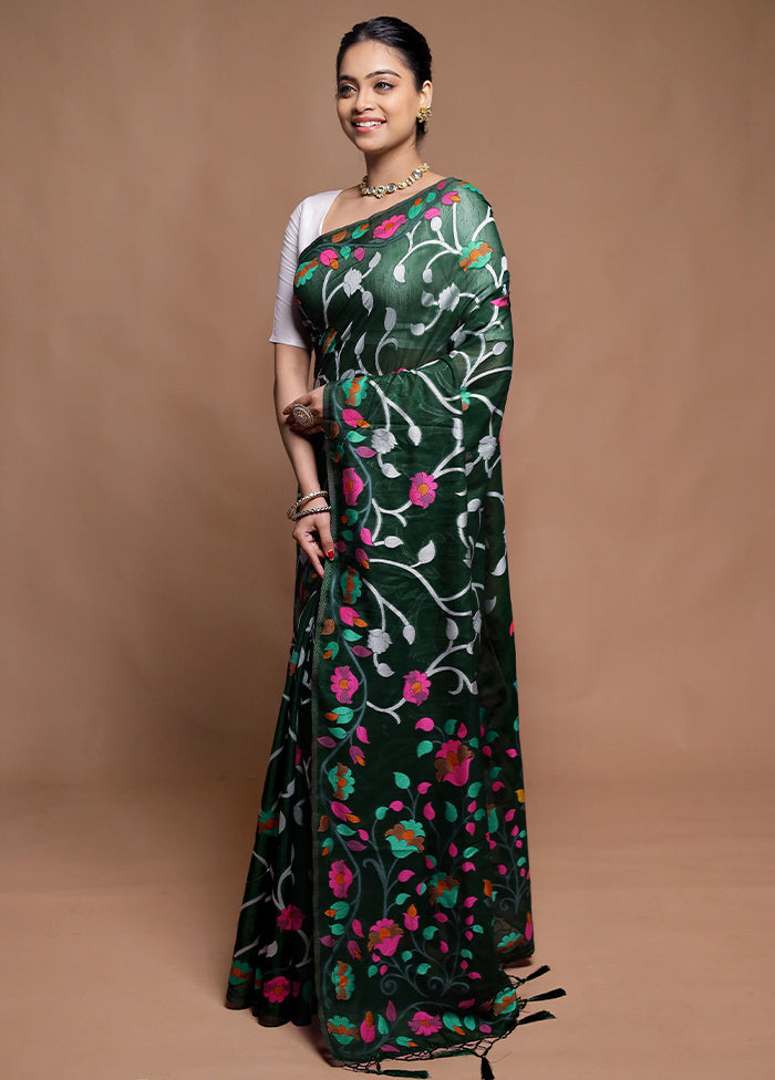 Green Dupion Silk Saree With Blouse Piece