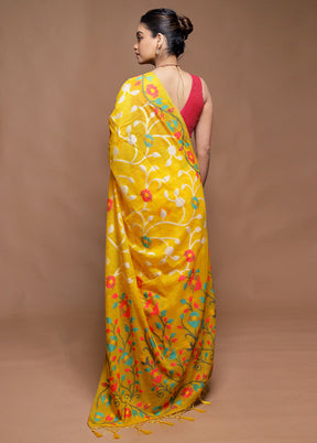 Yellow Dupion Silk Saree With Blouse Piece