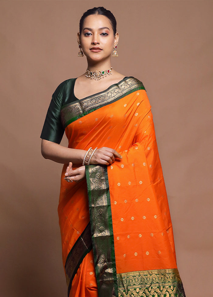 Orange Kanjivaram Silk Saree With Blouse Piece