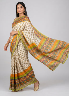 Cream Printed Silk Saree Without Blouse Piece