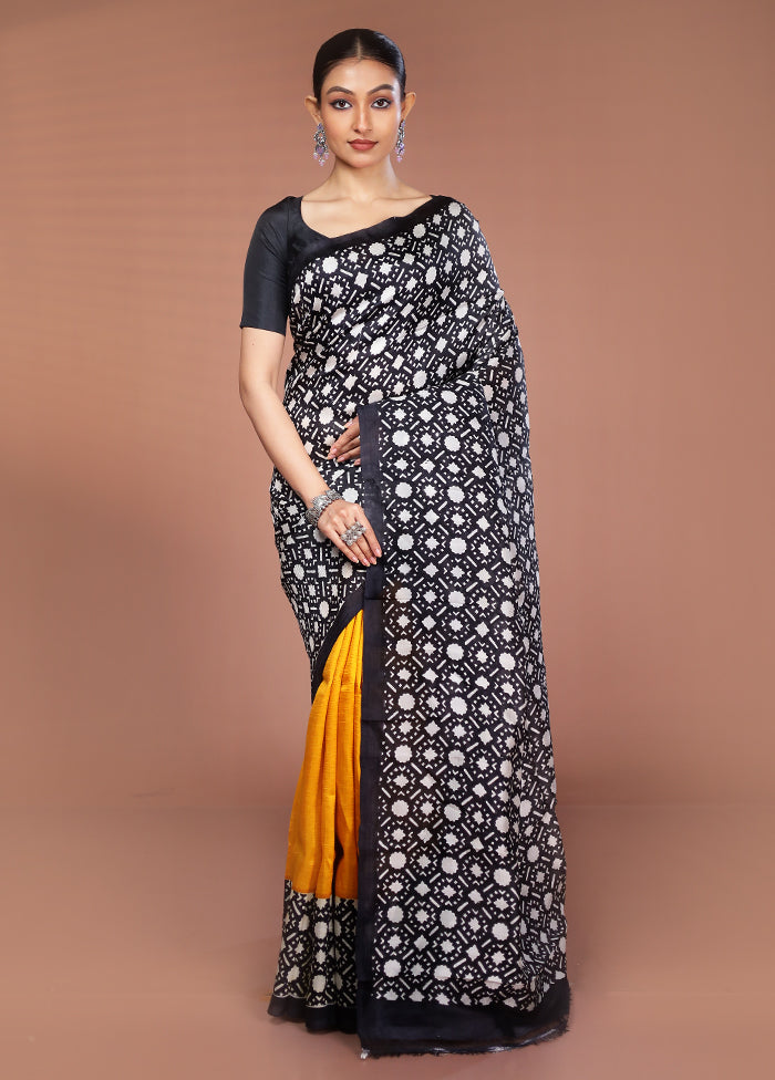 Black Printed Pure Silk Saree Without Blouse Piece