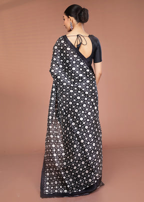 Black Printed Pure Silk Saree Without Blouse Piece