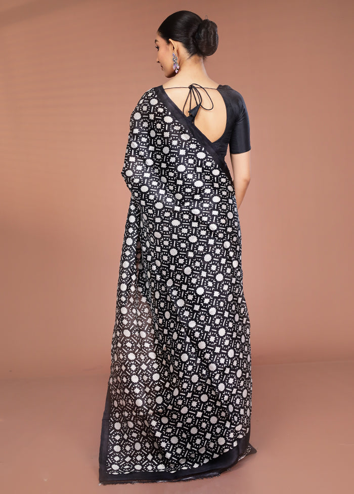 Black Printed Pure Silk Saree Without Blouse Piece