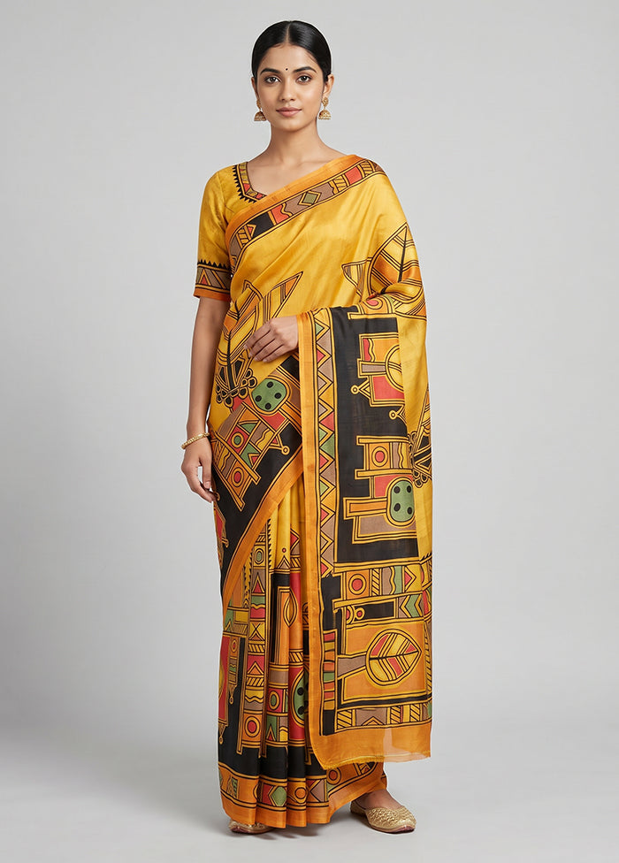 Yellow Printed Pure Silk Saree Without Blouse Piece