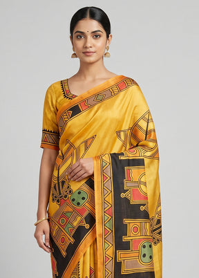 Yellow Printed Pure Silk Saree Without Blouse Piece