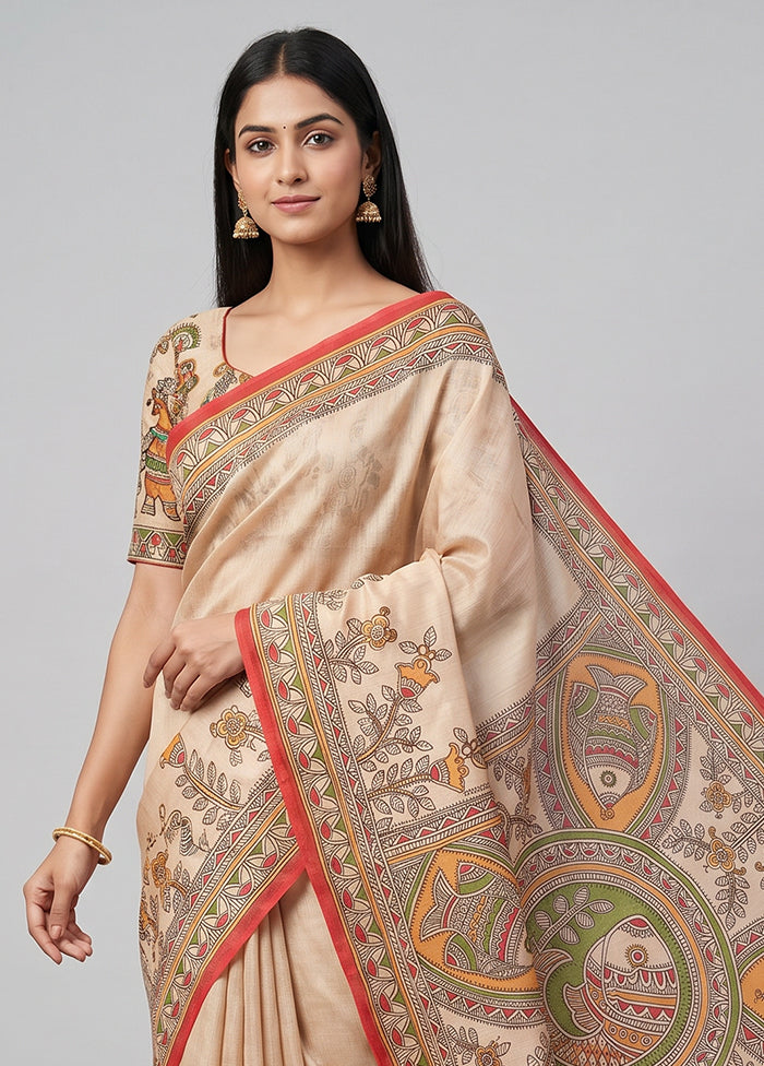Blue Printed Silk Saree Without Blouse Piece