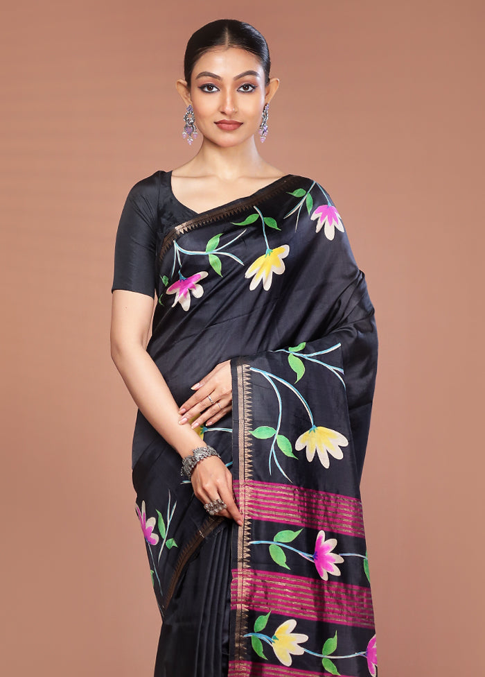Black Handloom Printed Pure Silk Saree Without Blouse Piece