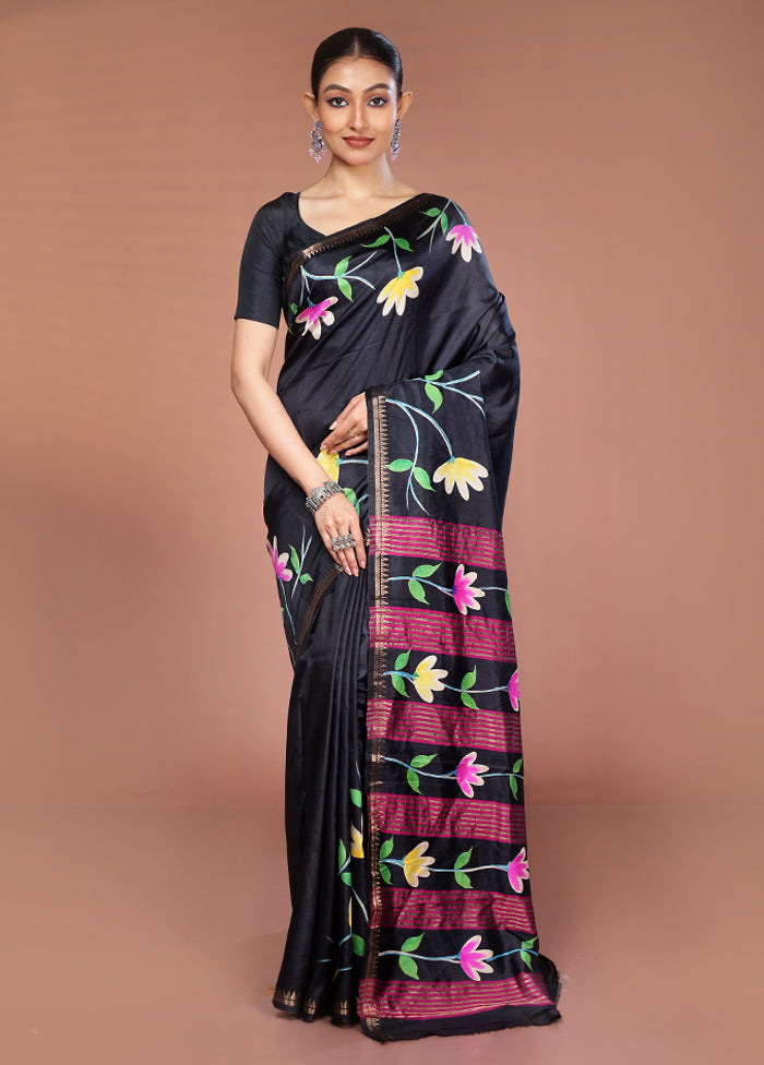 Black Handloom Printed Pure Silk Saree Without Blouse Piece
