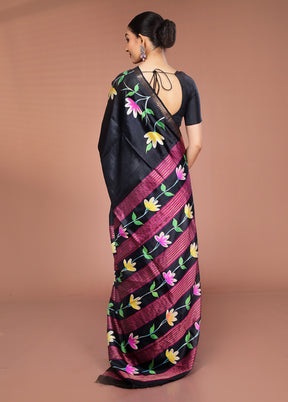 Black Handloom Printed Pure Silk Saree Without Blouse Piece