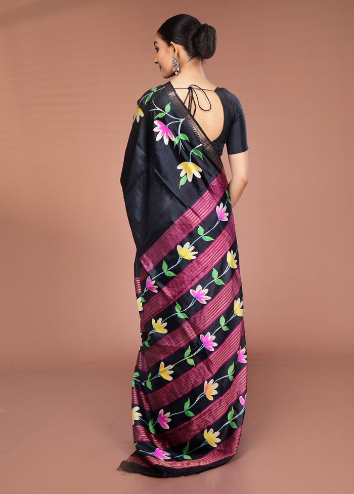 Black Handloom Printed Pure Silk Saree Without Blouse Piece