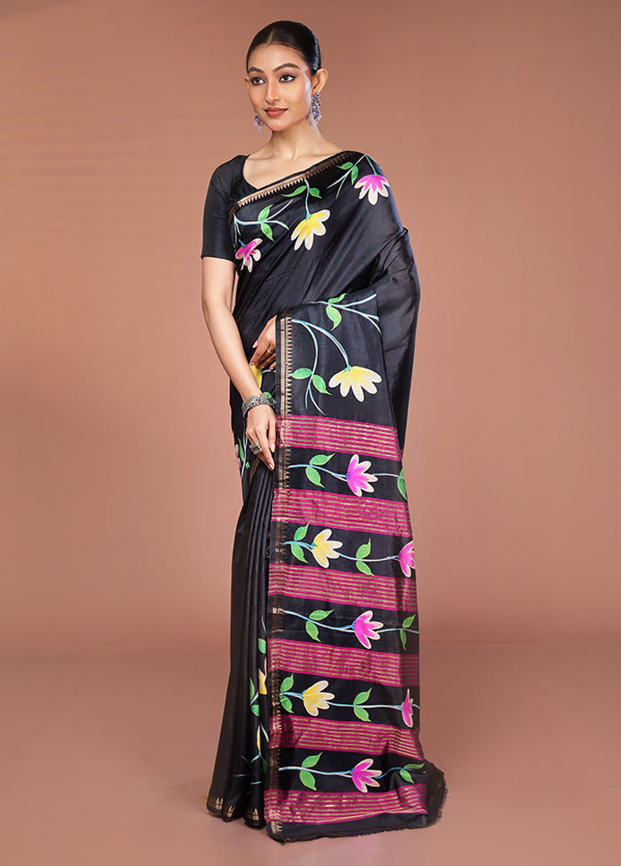 Black Handloom Printed Pure Silk Saree Without Blouse Piece