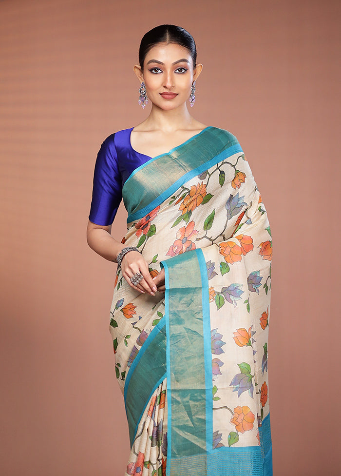 Cream Tussar Silk Saree With Blouse Piece