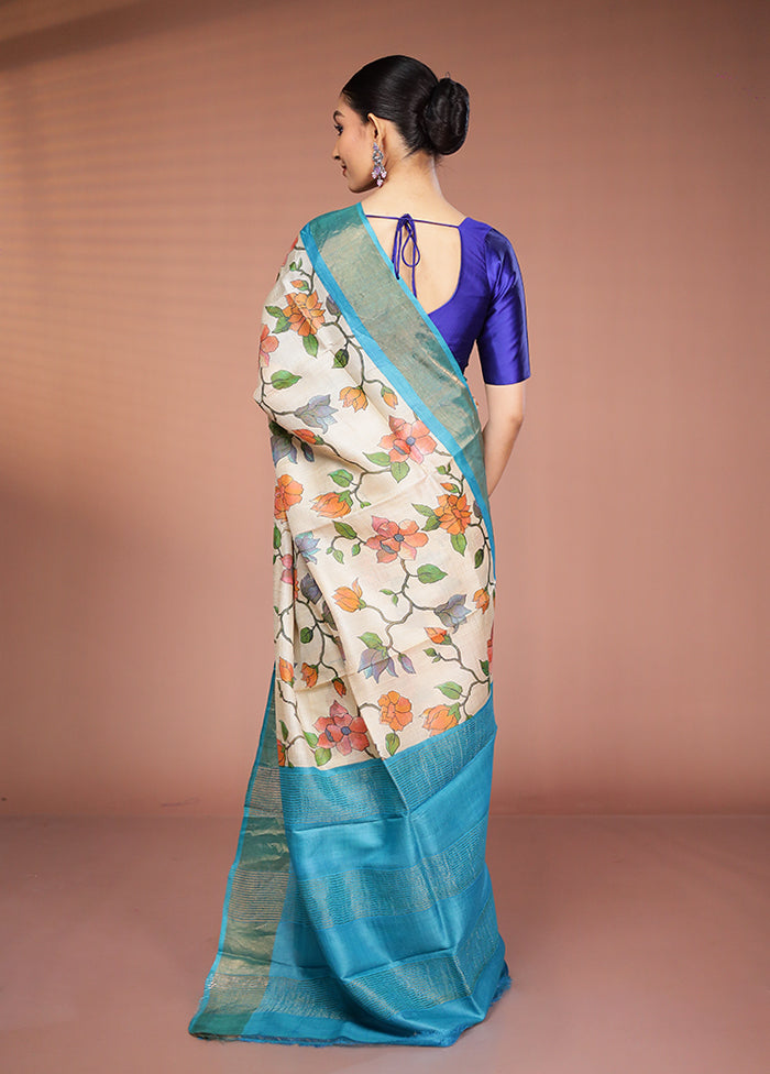 Cream Tussar Silk Saree With Blouse Piece