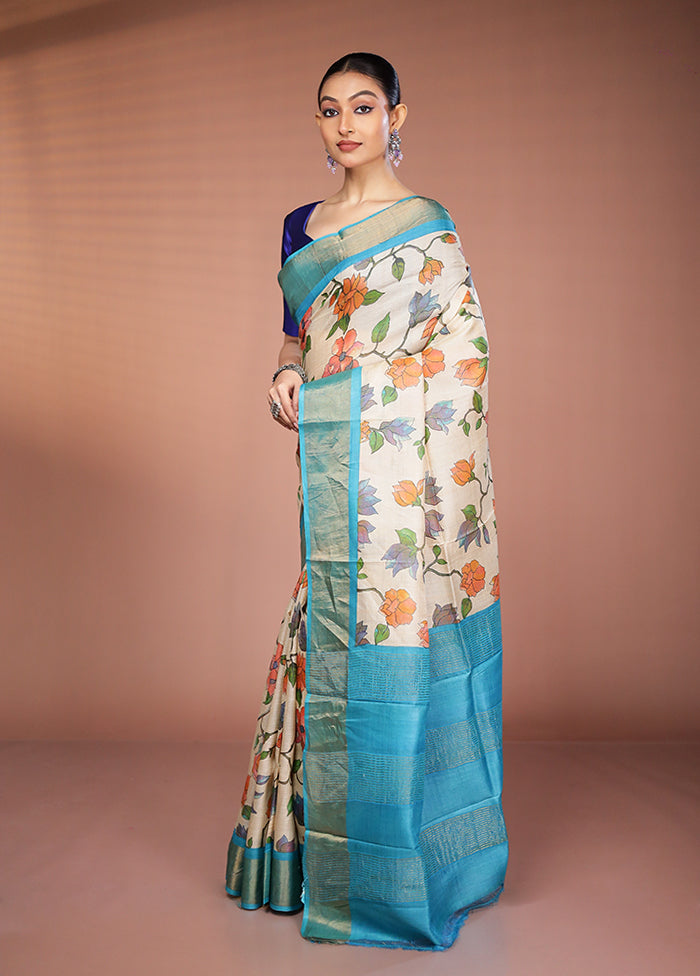 Cream Tussar Silk Saree With Blouse Piece