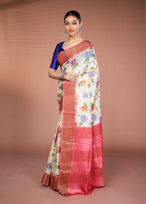 Cream Tussar Silk Saree With Blouse Piece