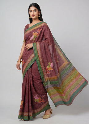 Purple Handloom Tussar Pure Silk Saree With Blouse Piece
