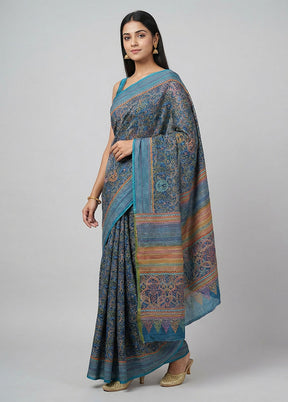 Blue Handloom Tussar Pure Silk Saree With Blouse Piece