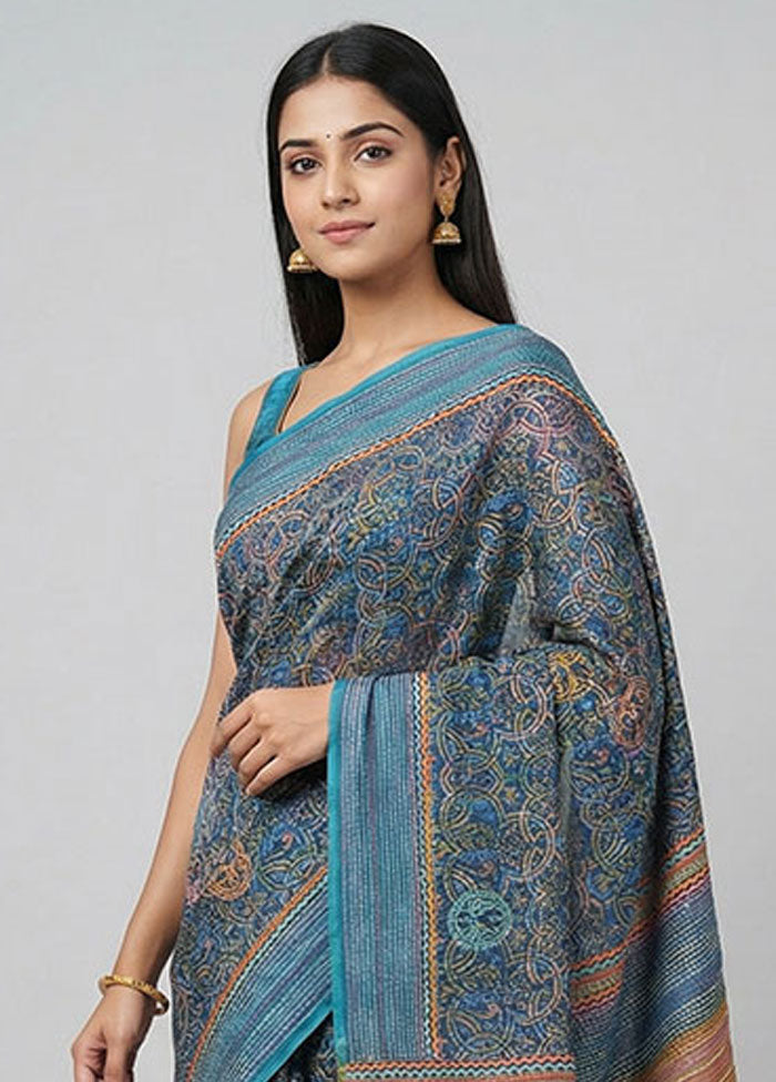 Blue Handloom Tussar Pure Silk Saree With Blouse Piece
