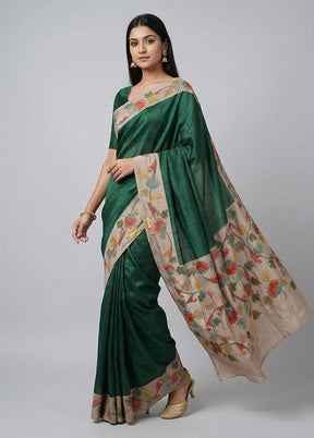 Green Handloom Tussar Pure Silk Saree With Blouse Piece