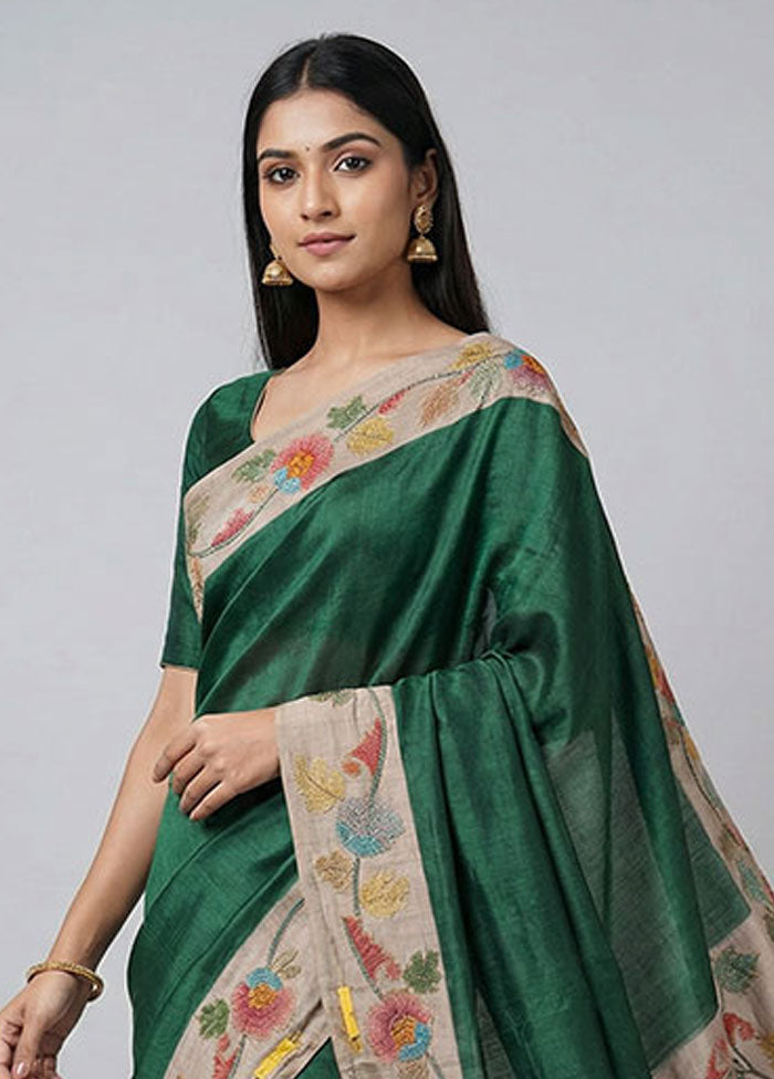Green Handloom Tussar Pure Silk Saree With Blouse Piece