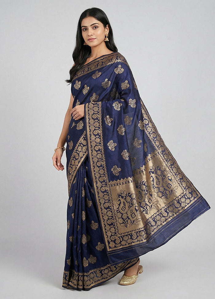 Blue Dupion Silk Saree With Blouse Piece