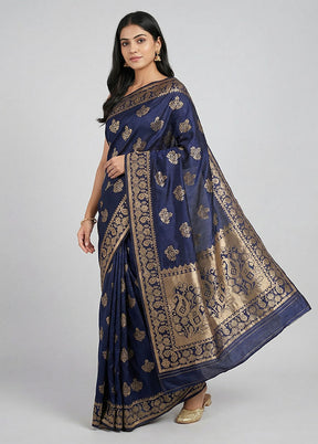 Blue Dupion Silk Saree With Blouse Piece