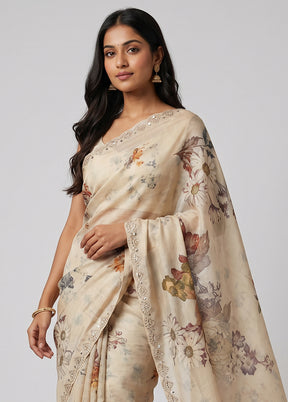 Cream Handloom Tussar Pure Silk Saree With Blouse Piece