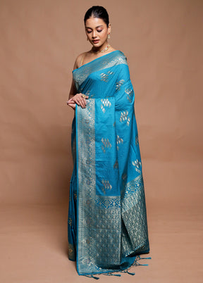 Blue Dupion Silk Saree With Blouse Piece