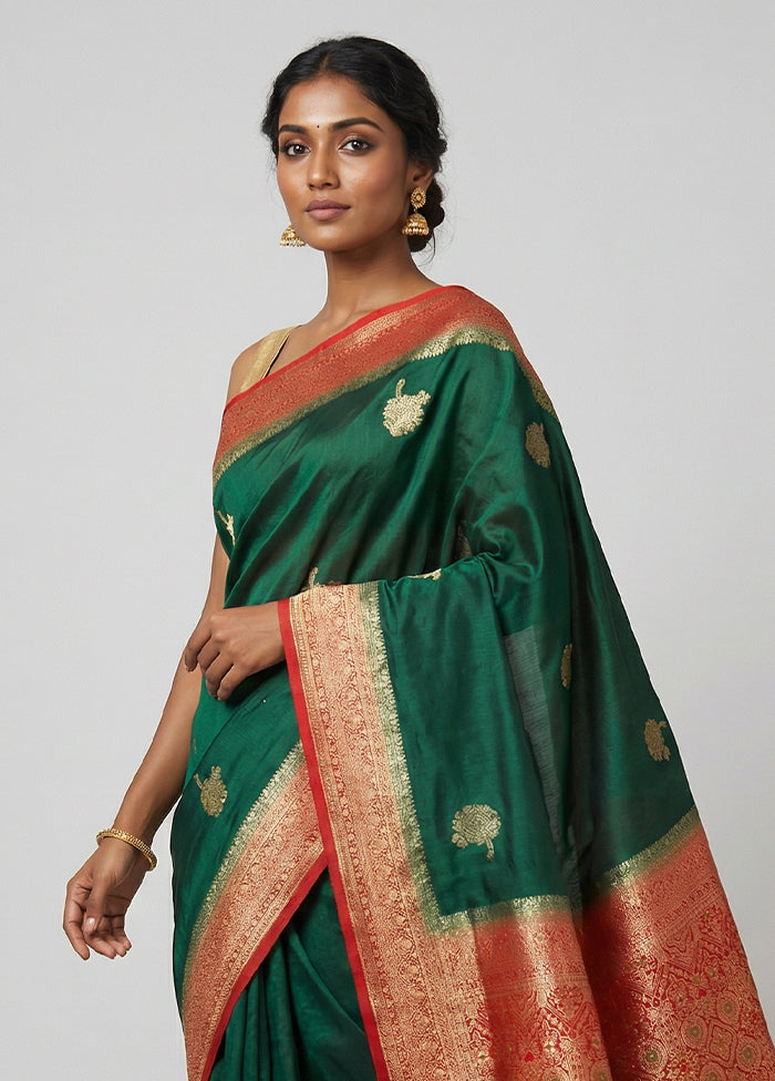 Green Dupion Silk Saree With Blouse Piece