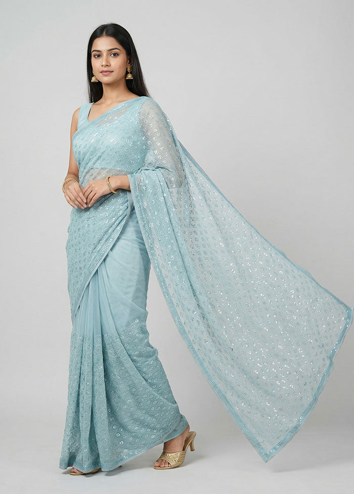Blue Chiffon Silk Saree With Blouse Piece