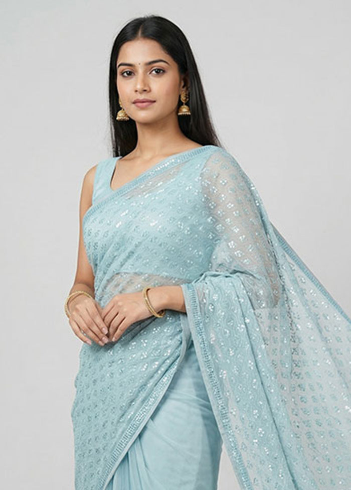 Blue Chiffon Silk Saree With Blouse Piece