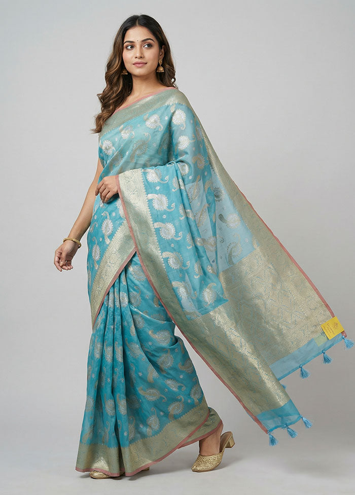 Blue Kora Silk Saree With Blouse Piece