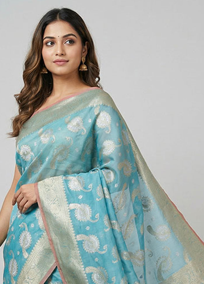 Blue Kora Silk Saree With Blouse Piece