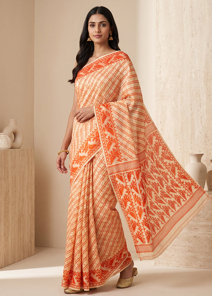 Cream Jamdani Cotton Saree Without Blouse Piece