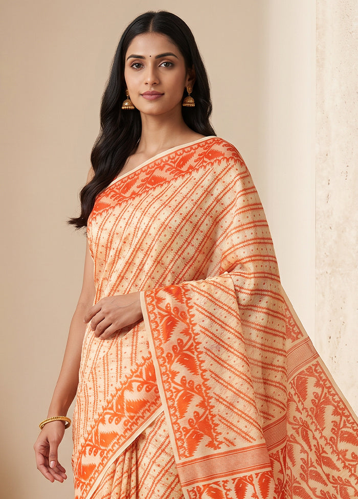 Cream Jamdani Cotton Saree Without Blouse Piece
