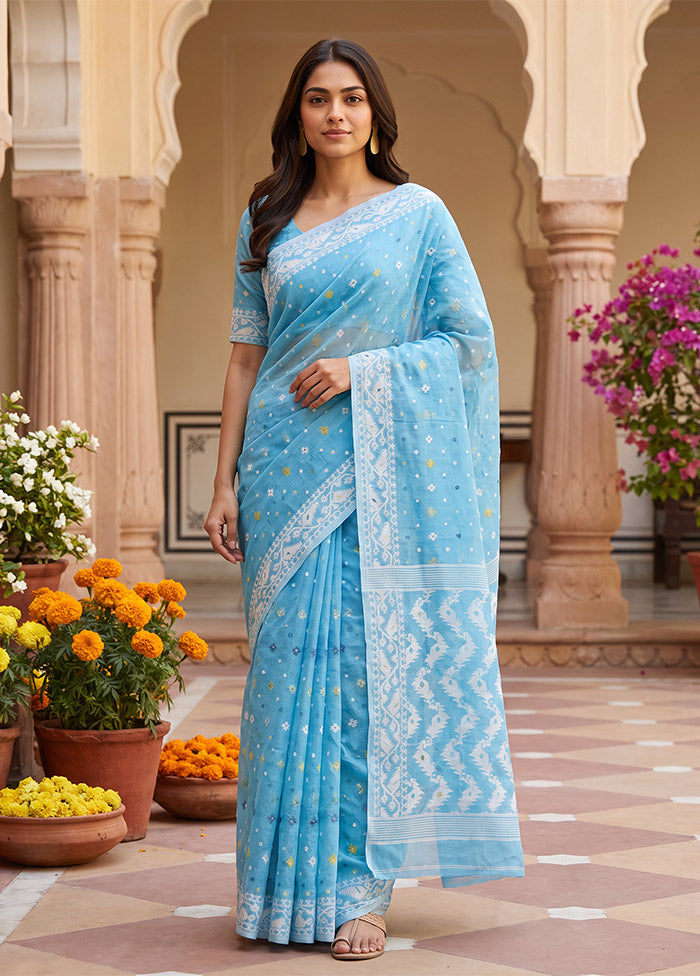 Blue Jamdani Cotton Saree Without Blouse Piece