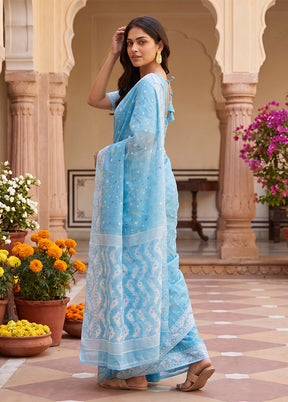 Blue Jamdani Cotton Saree Without Blouse Piece