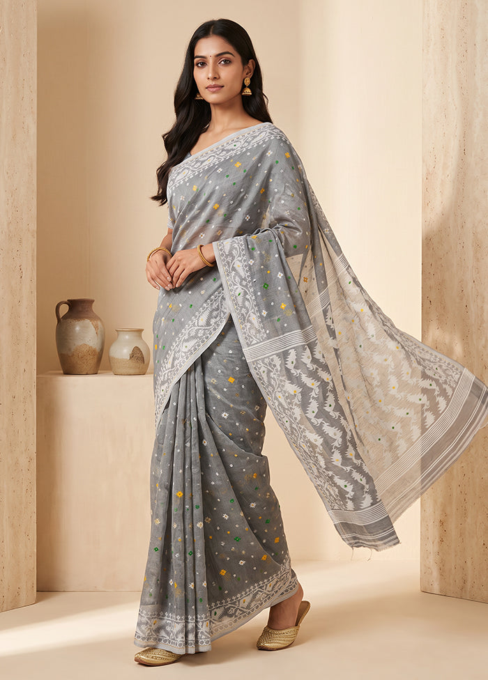 Grey Jamdani Cotton Saree Without Blouse Piece