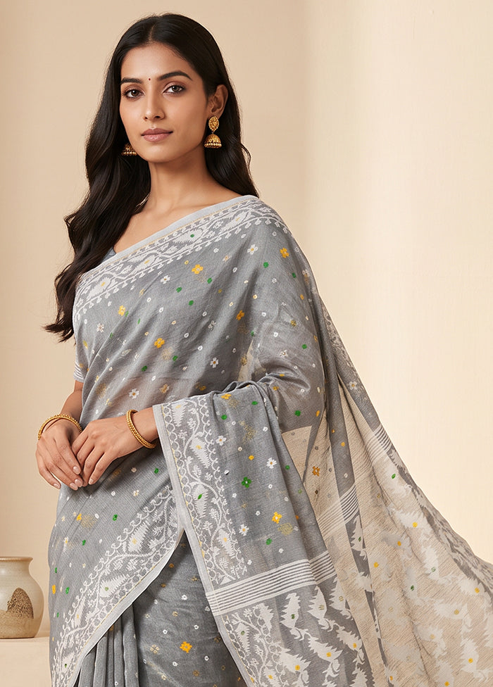 Grey Jamdani Cotton Saree Without Blouse Piece