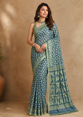 Blue Jamdani Cotton Saree Without Blouse Piece